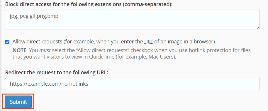 Configure Hotlink Protection Submit