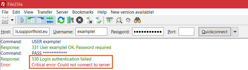 Filezilla Login a échoué