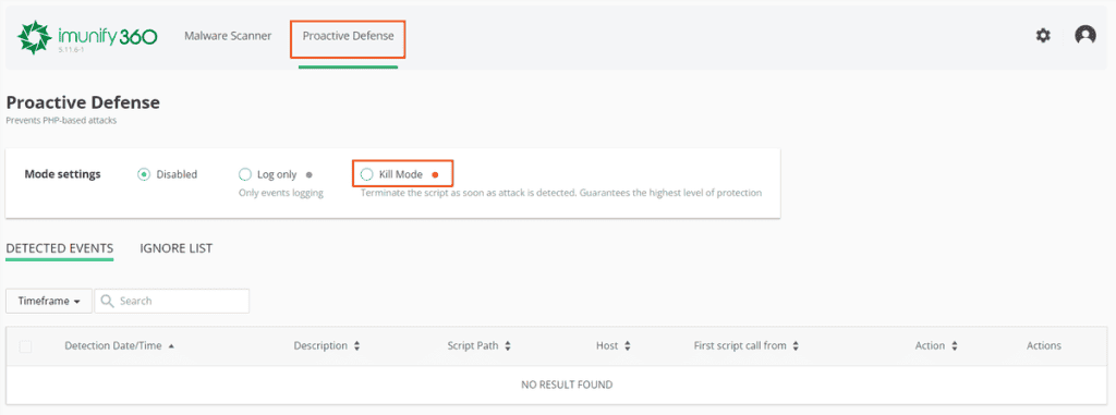 Imunify 360 Proactive Defense Kill Mode