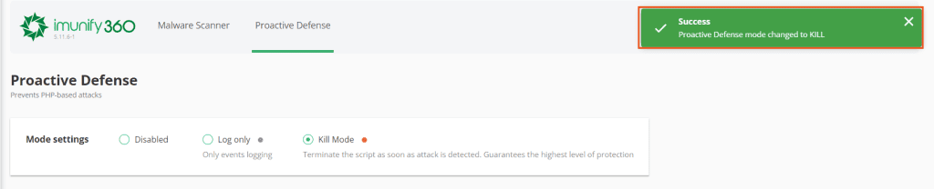 Imunify 360 Proactive Defense Mode Changed To Kill