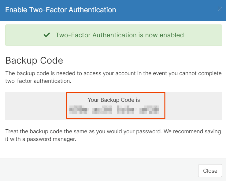 Two Factor Authentication Backup Code