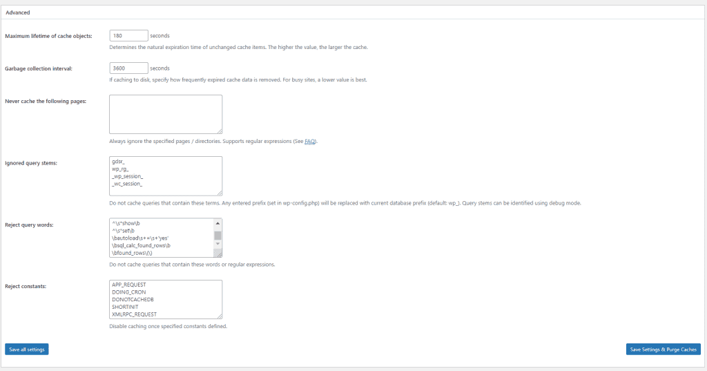 W3 Total Cache Database Cache Advanced Settings