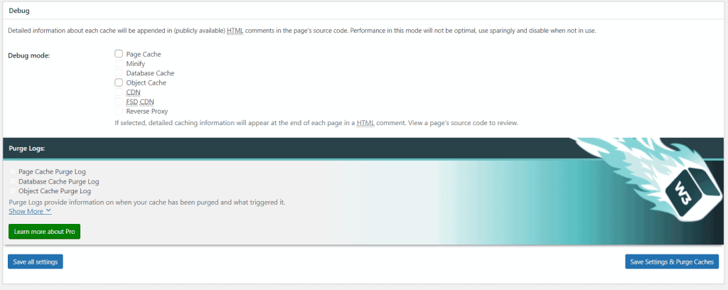 W3 Total Cache Debug Settings