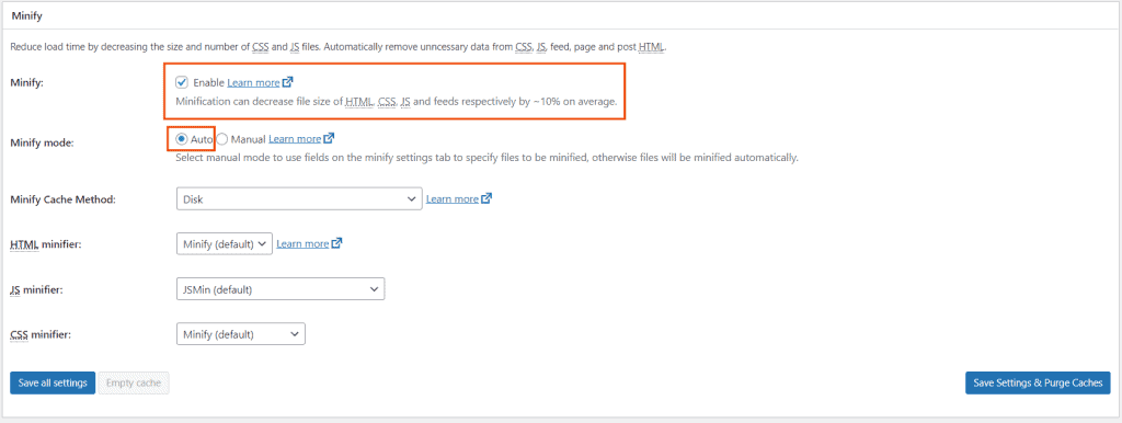 W3 Total Cache Enable Minify