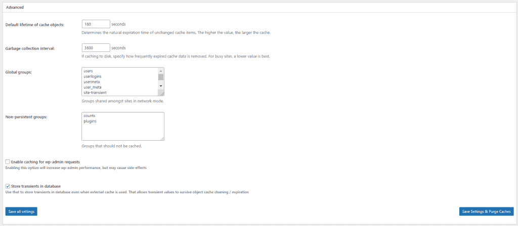 W3 Total Cache Object Cache Advanced Settings