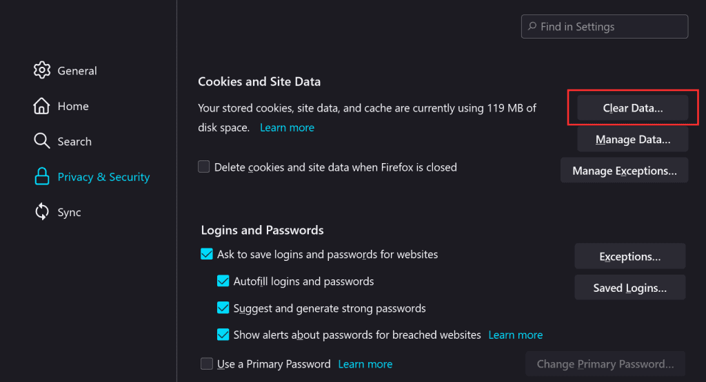 Firefox Settings Clear Cache Data