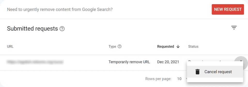 Google Search Console Cancel Request