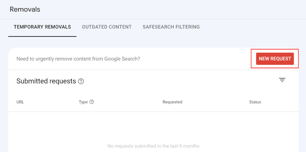 Google Search Console New Removal Request