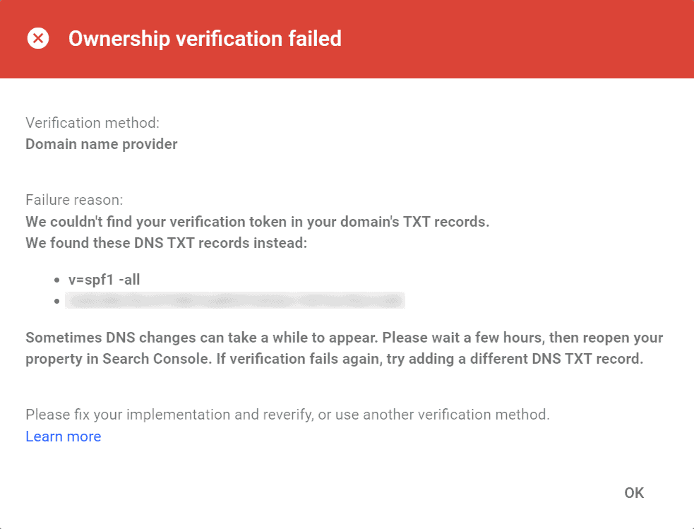 Google Search Console Ownership Verification Failed