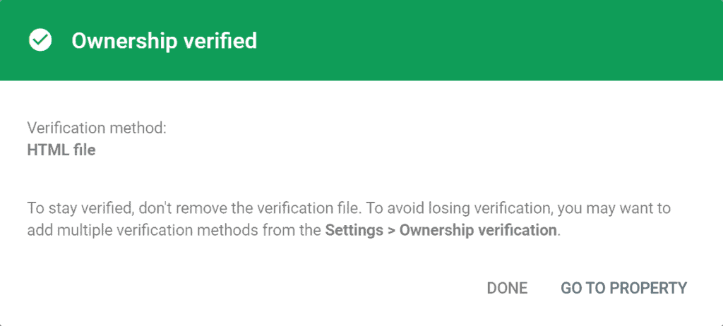 Google Search Console Ownership Verified