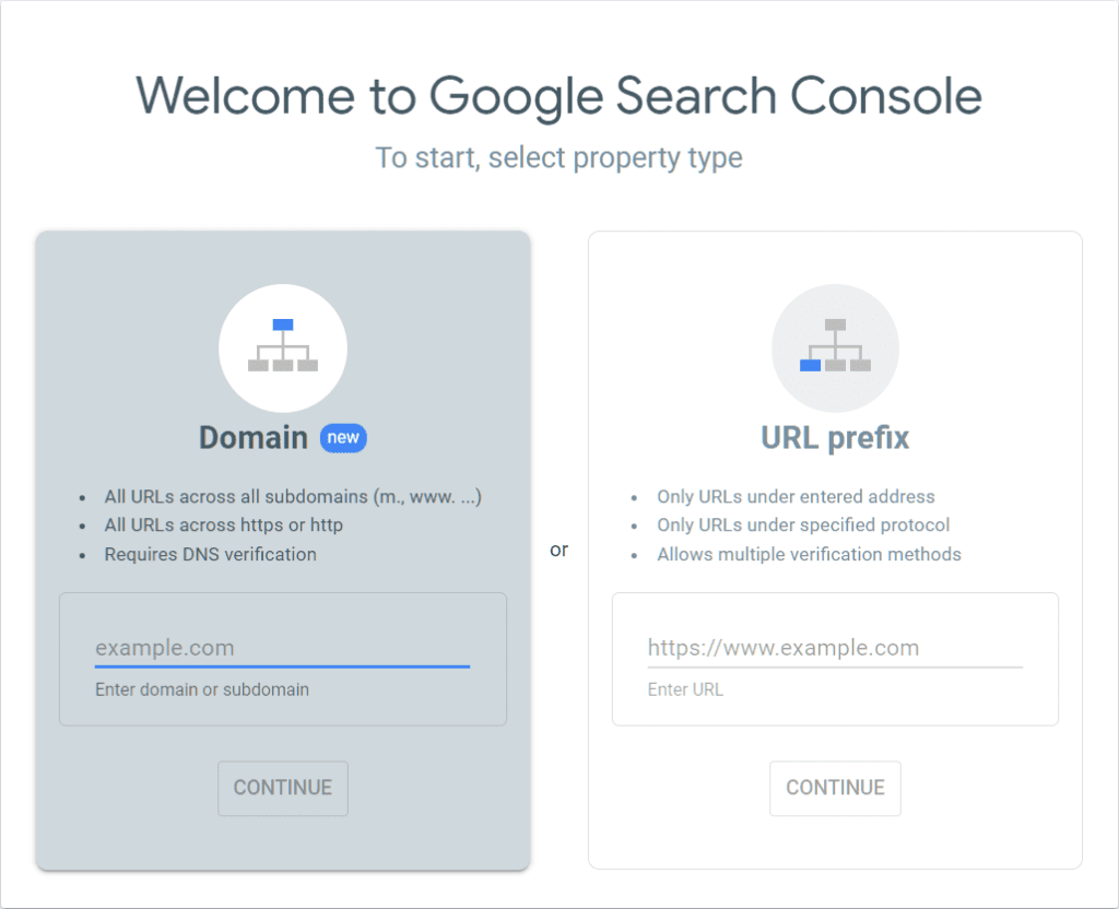 Google Search Console Select Propery Type