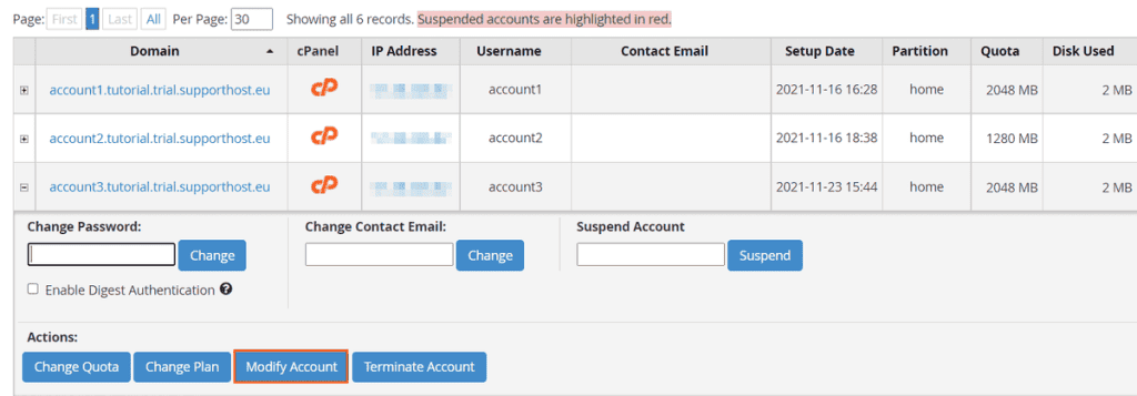 List Accounts Modify Cpanel Account