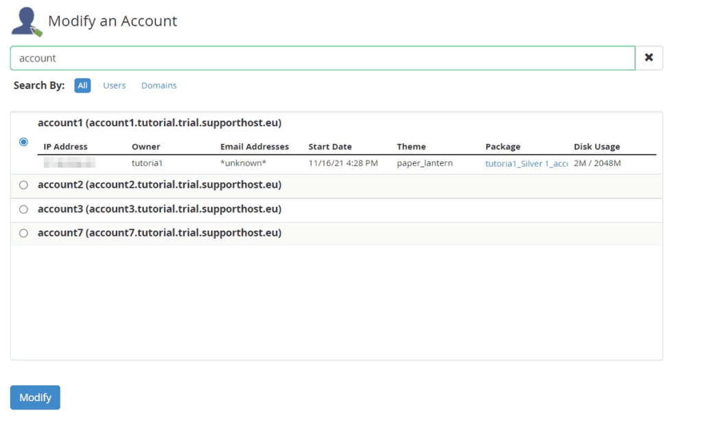 Modify A Cpanel Account Select Account