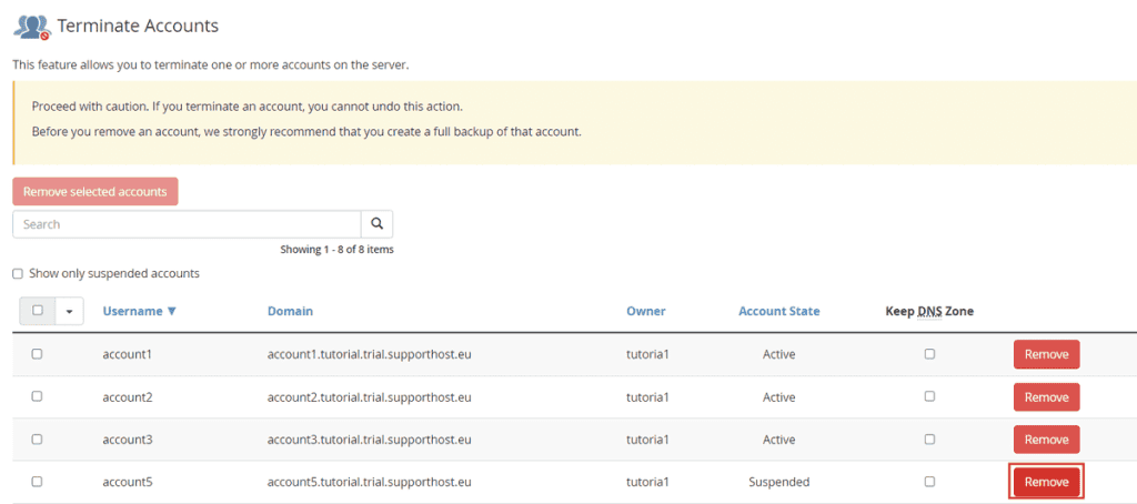 Terminate cPanel Account