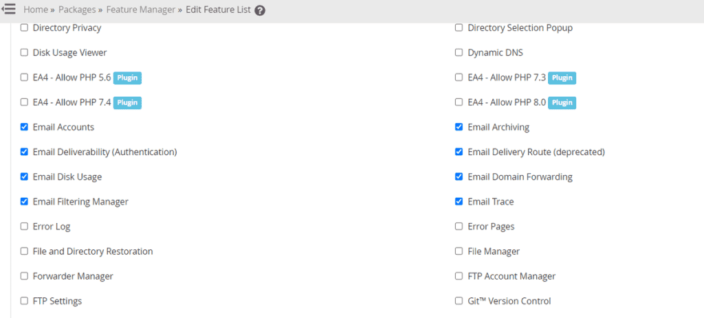 Select Cpanel Features