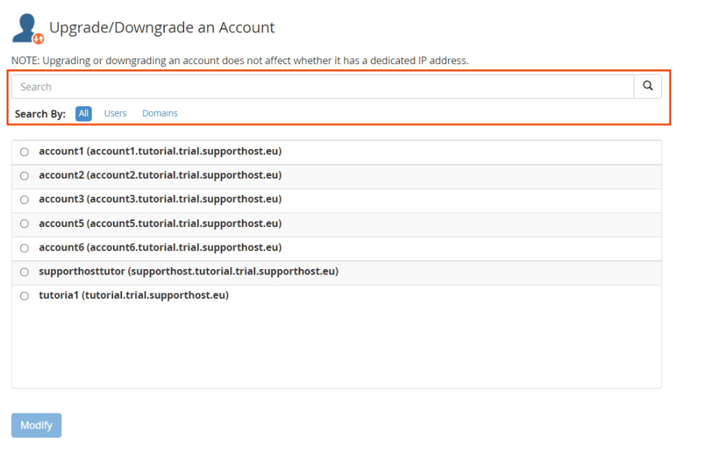 Upgrade Downgrade An Account Search Bar