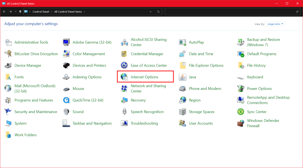 Windows 10 Control Panel Internet Options
