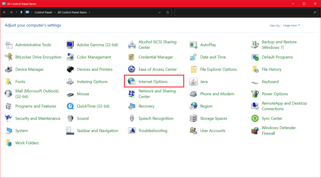 Windows 10 Control Panel Internet Options