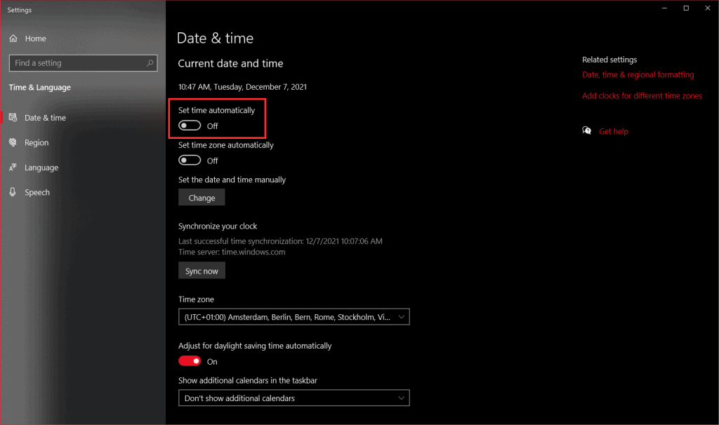 Windows 10 Set Time Automatically