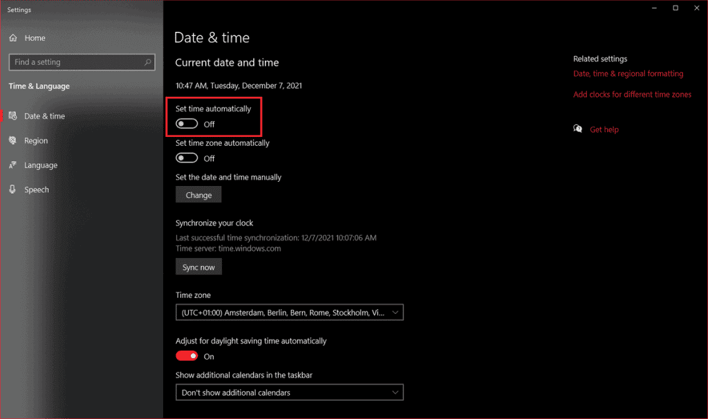 Windows 10 Set Time Automatically