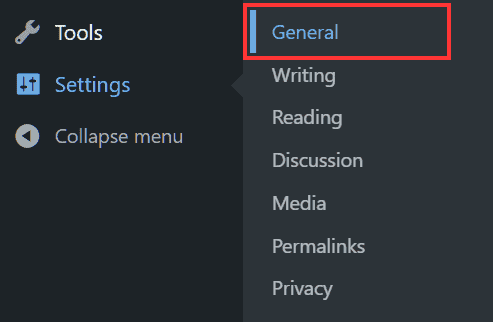 Wordpress General Settings Menu