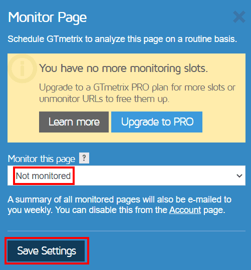 Disable Gtmetrix Page Monitoring