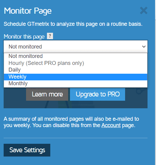 Gtmetrix Frequency Monitoring Page