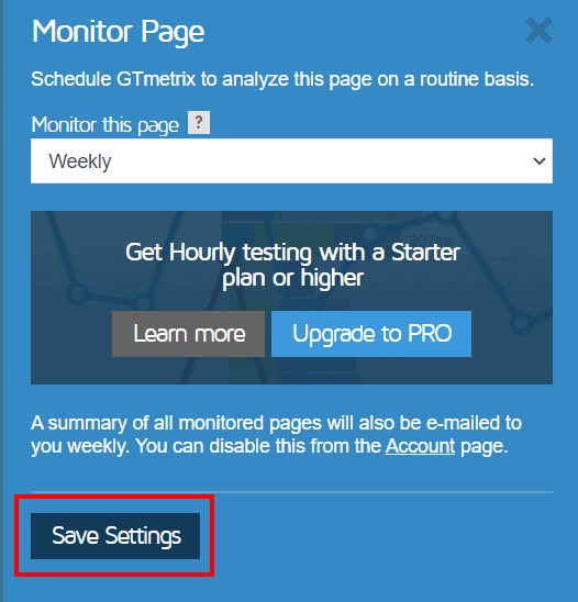 Gtmetrix Monitor Page Save Settings