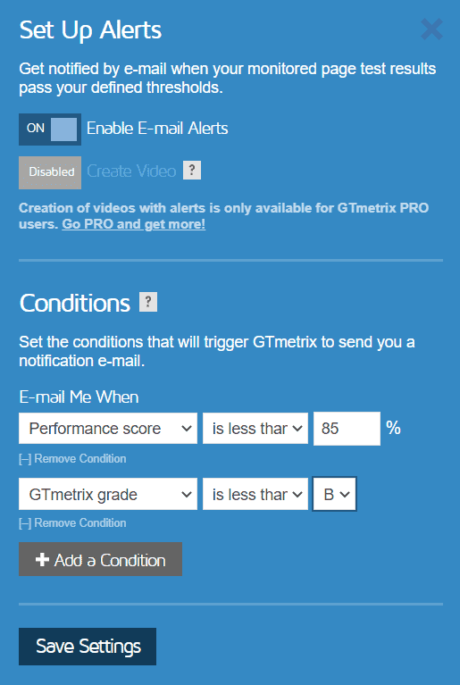 Gtmetrix Set Up Alerts Settings