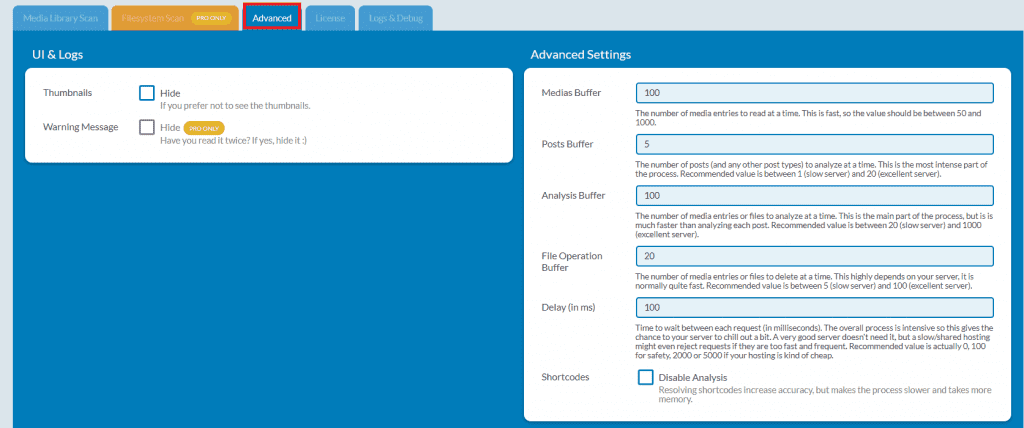 Media Cleaner Advanced Settings Menu