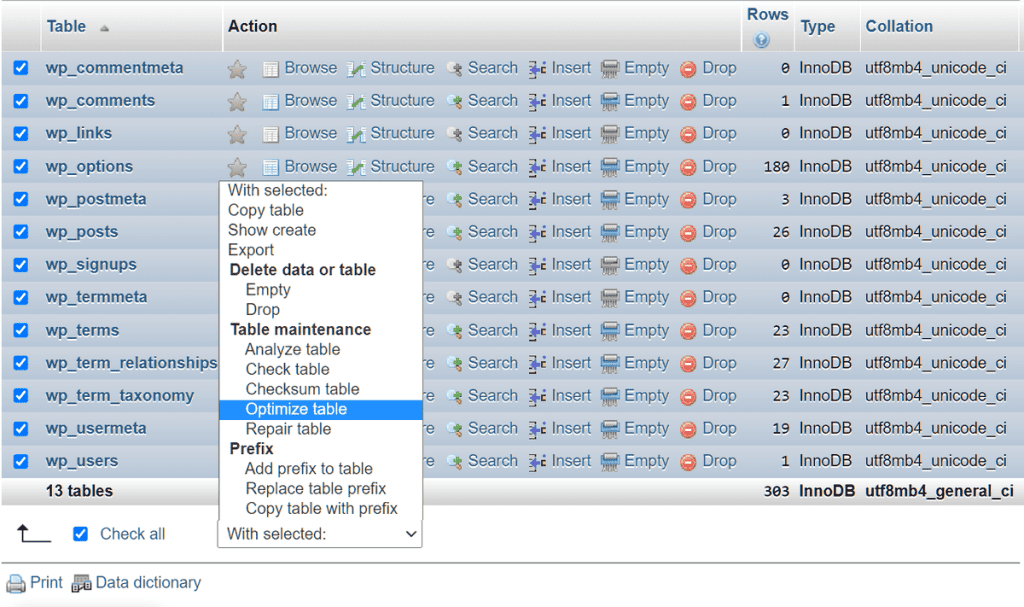 Optimize WordPress Phpmyadmin Database