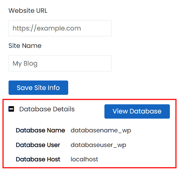 Softaculous WordPress Database Details