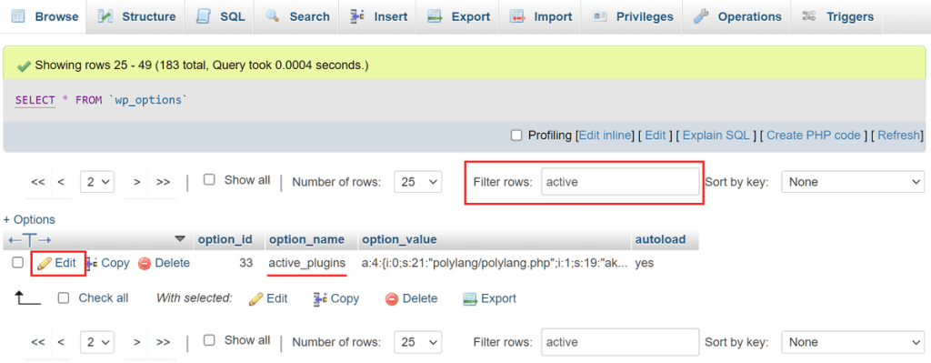Wordpress Phpmyadmin Edit Active Plugins