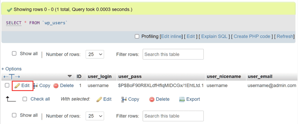 Wordpress Phpmyadmin Edit User