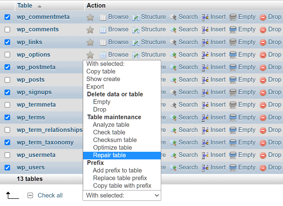 Wordpress Phpmyadmin Repair Table