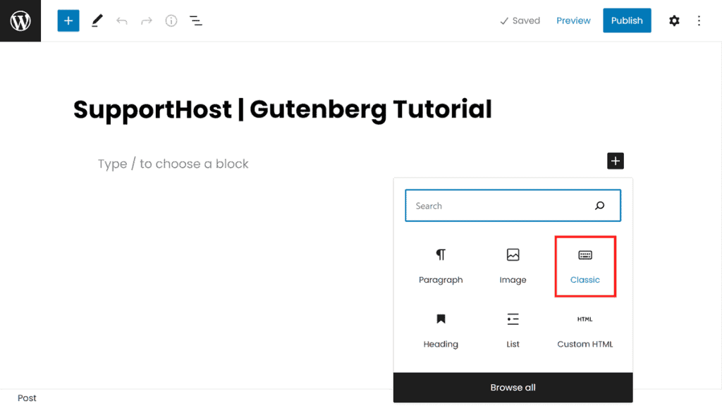 Gutenberg Add And Use Classic Editor