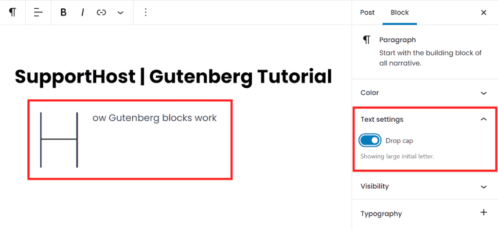 Gutenberg Drop Cap Settings