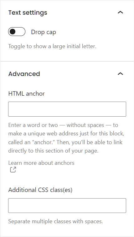 Gutenberg Paragraph Text And Advanced Settings