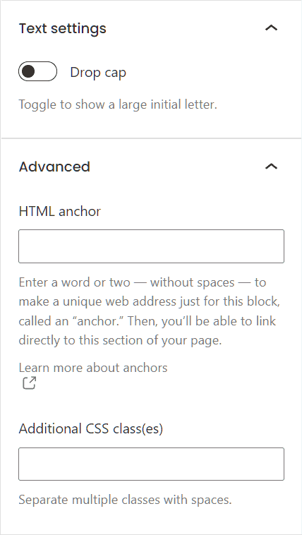 Gutenberg Paragraph Text And Advanced Settings