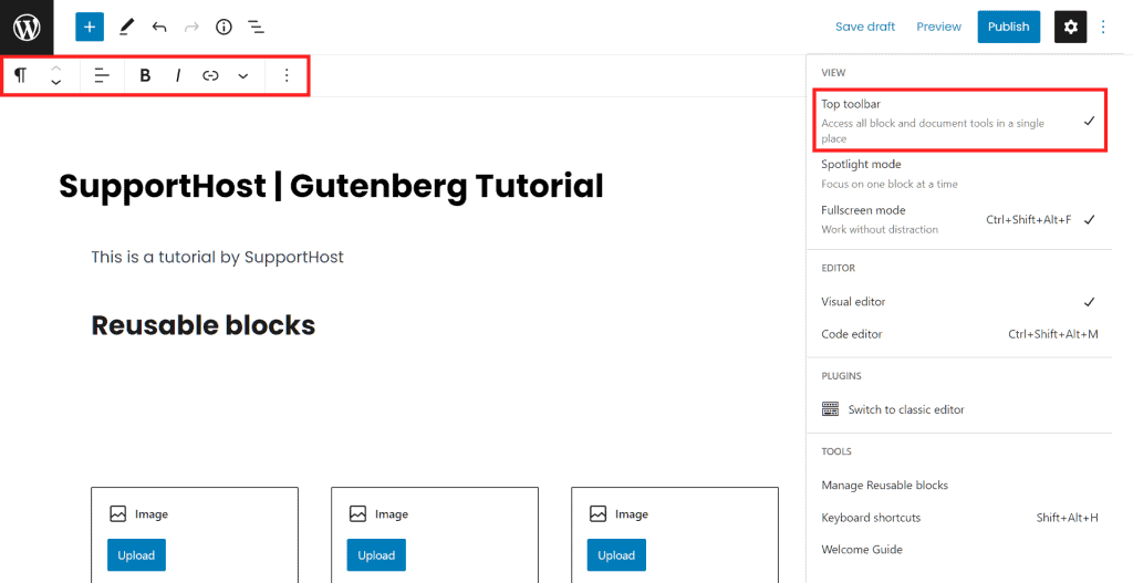 Gutenberg Top Toolbar