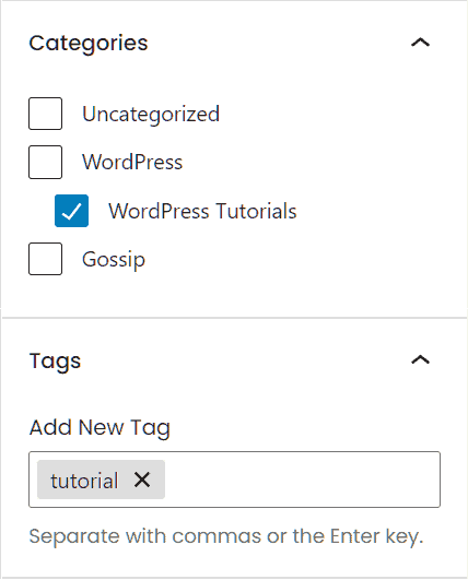 Gutenberg WordPress Post Categories And Tags Settings