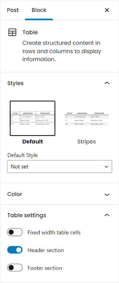 Table Block Settings