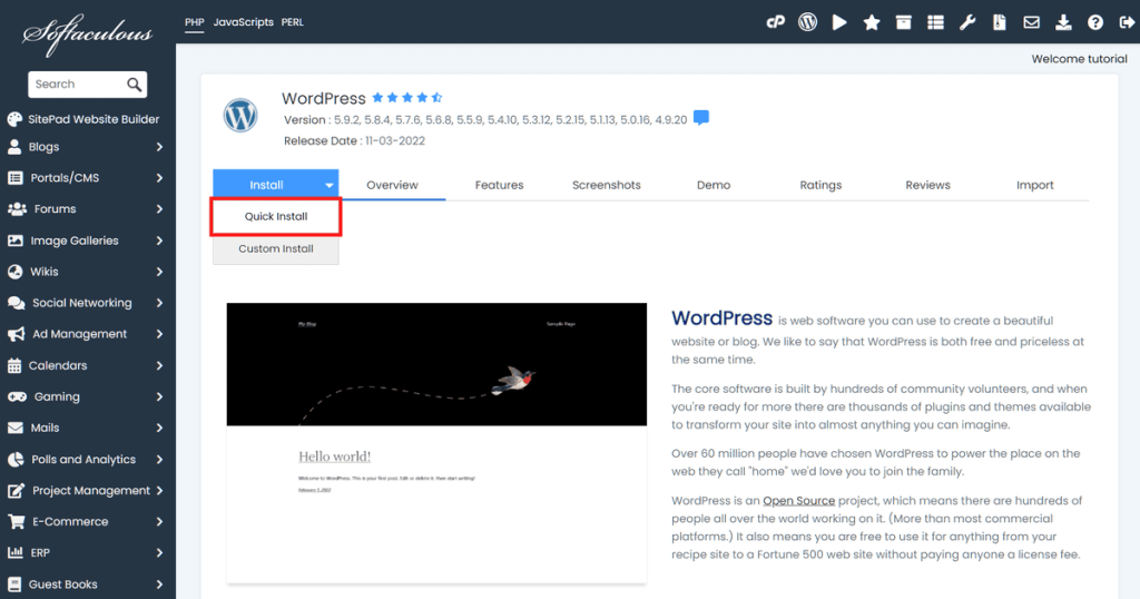 Install WordPress With Softaculous Quick Install