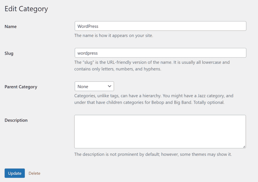 Wordpress Edit Category Settings