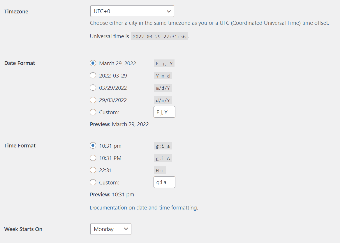 Wordpress General Settings