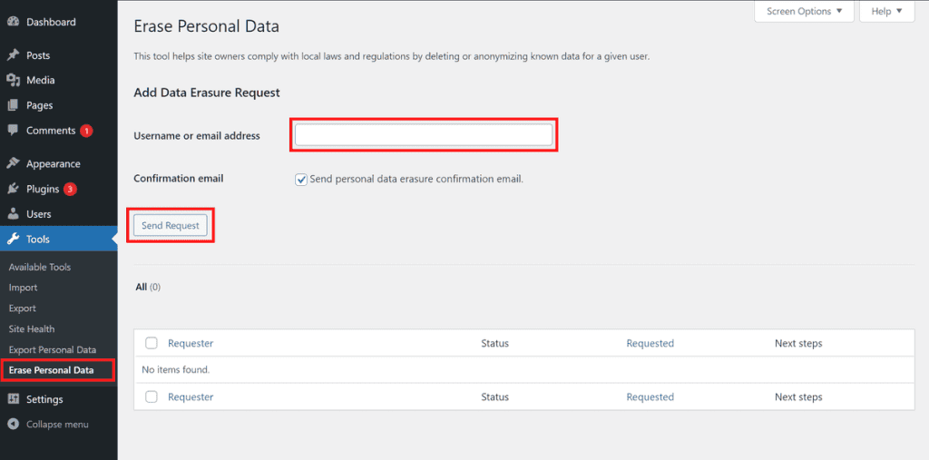 Wordpress Menu Erase Personal Data