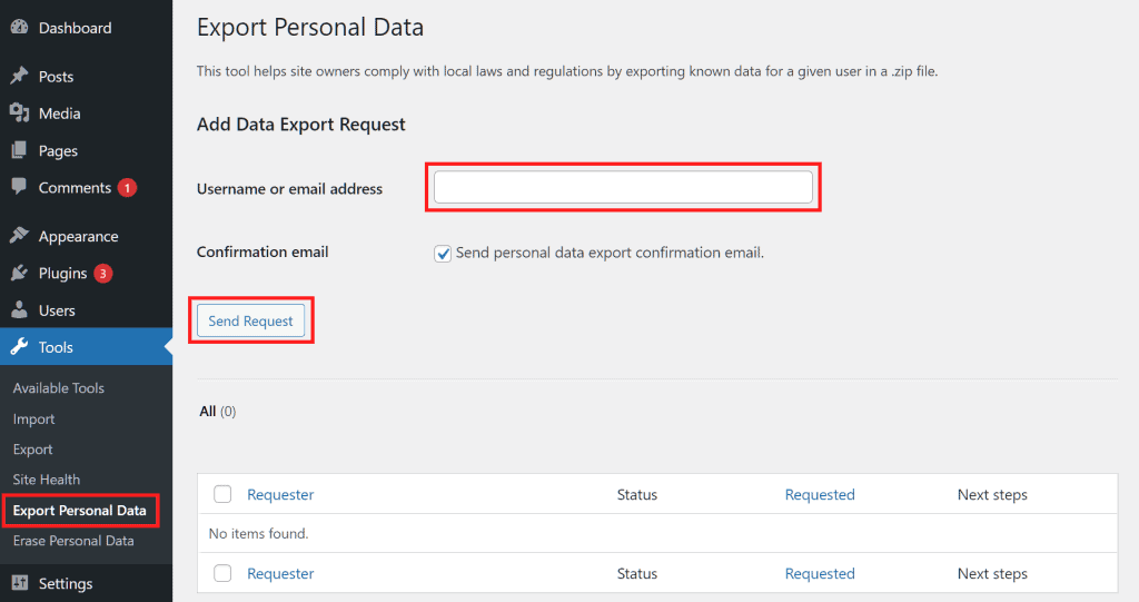 Wordpress Menu Export Personal Data