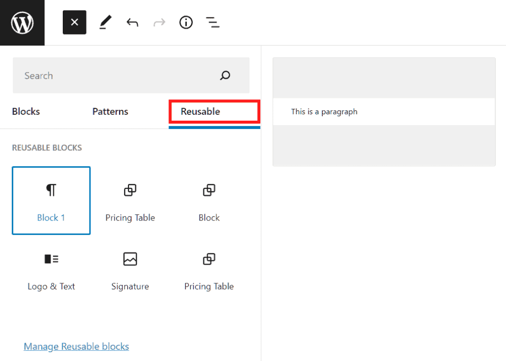Wordpress Reusable Blocks