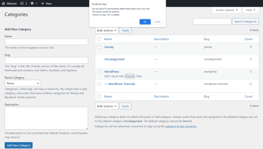 Wordpress Tutorial Delete Categories