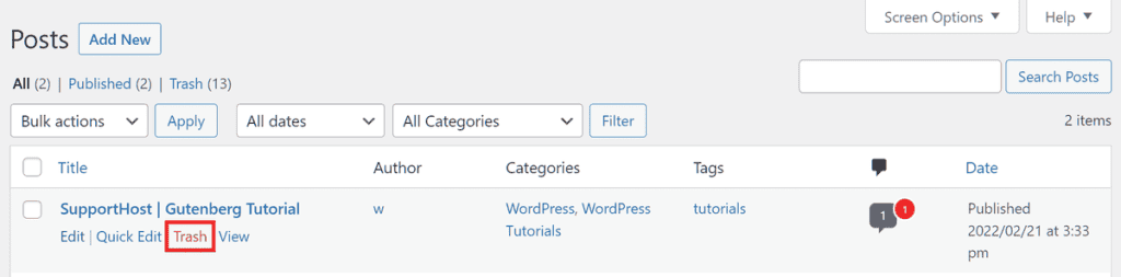 Wordpress Tutorial Move To Trash A Post